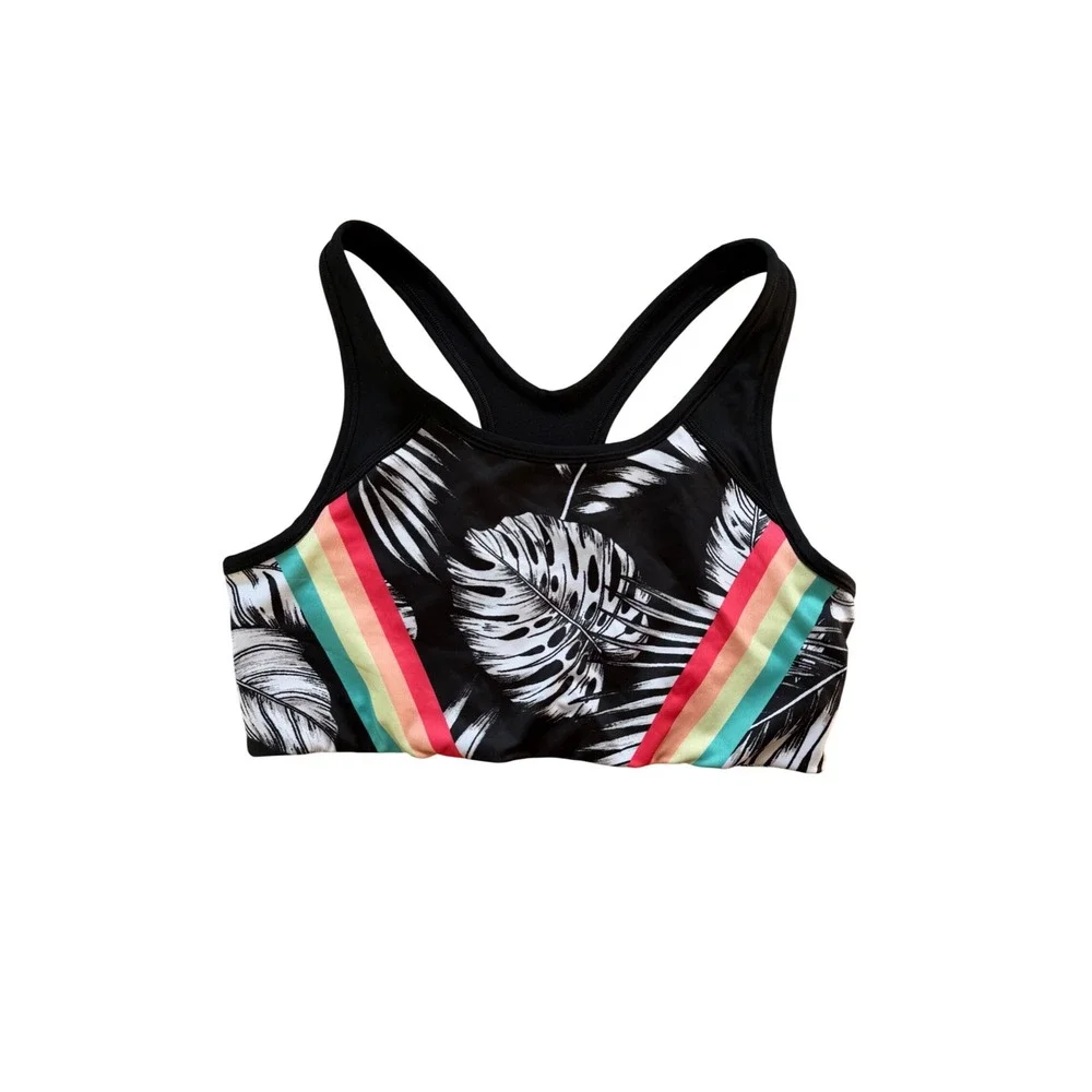 PINK Victoria's Secret Sports Bra Women Large Black Tropical Palm Rainbow Stripe
